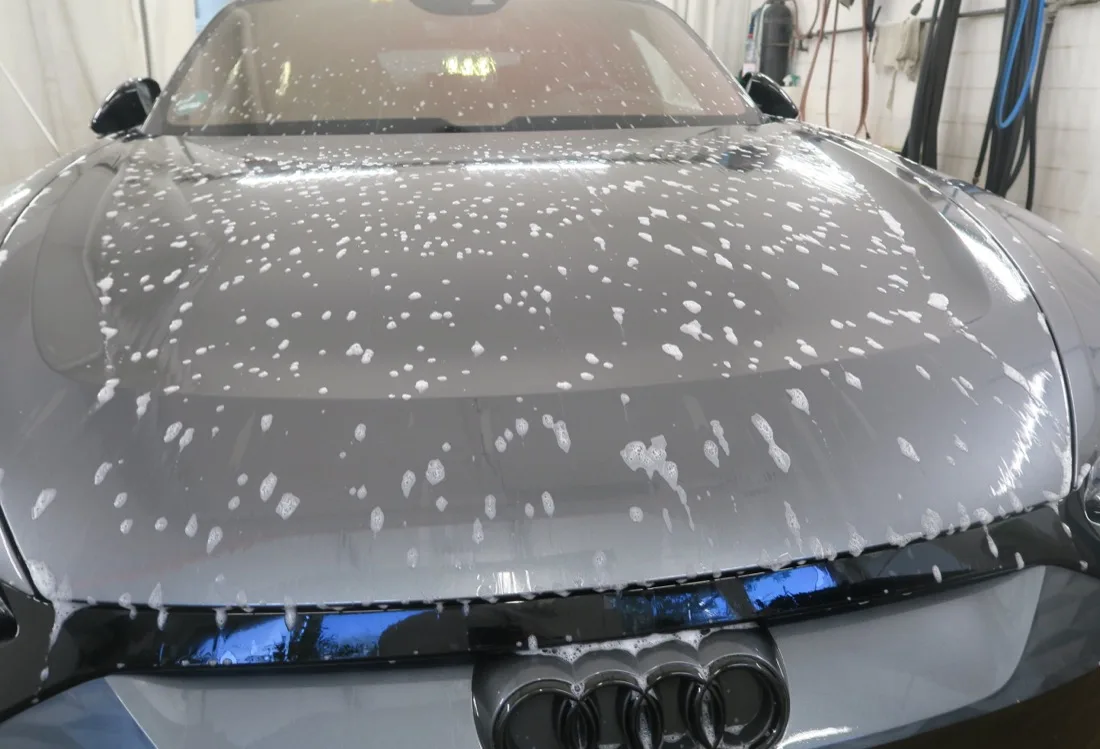 Foam applied to the front of an electric Audi